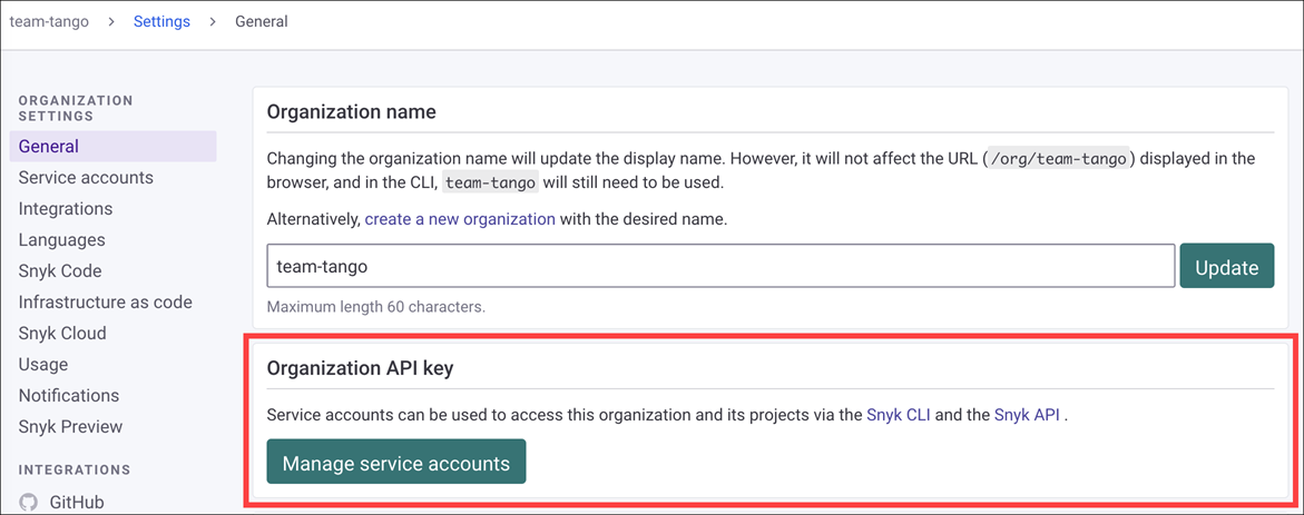 Snyk Service Account settings